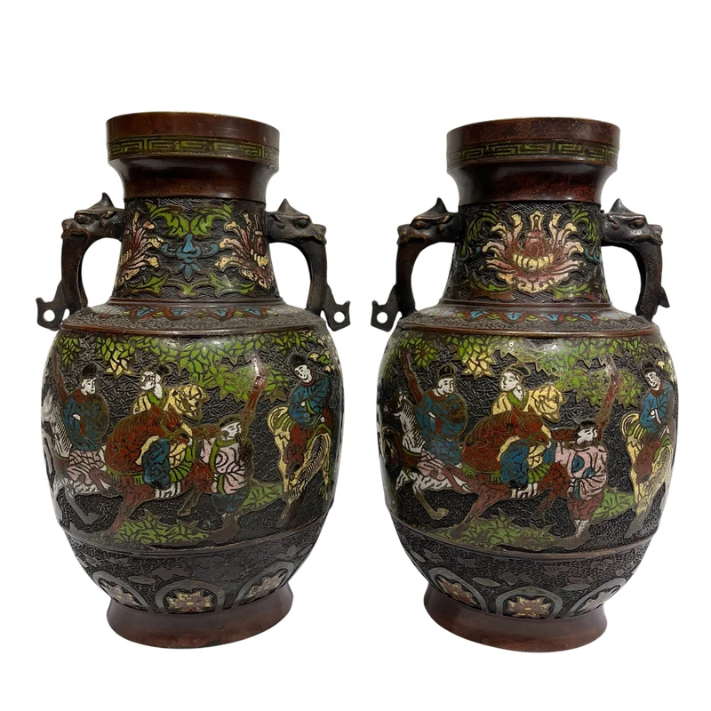 Pareja de jarrones chinos Cloisonné de bronce y cobre s.xx