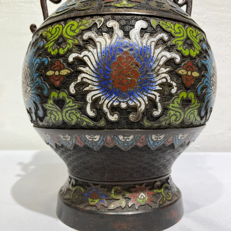 Japanese vase in bronze and floral cloisonné enamel