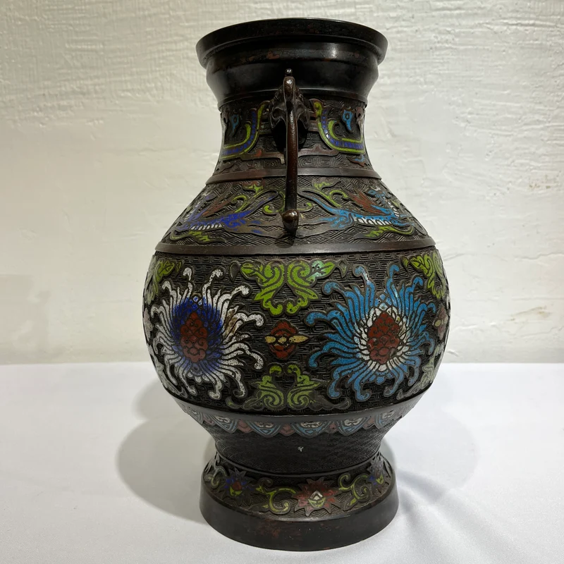 Japanese vase in bronze and floral cloisonné enamel
