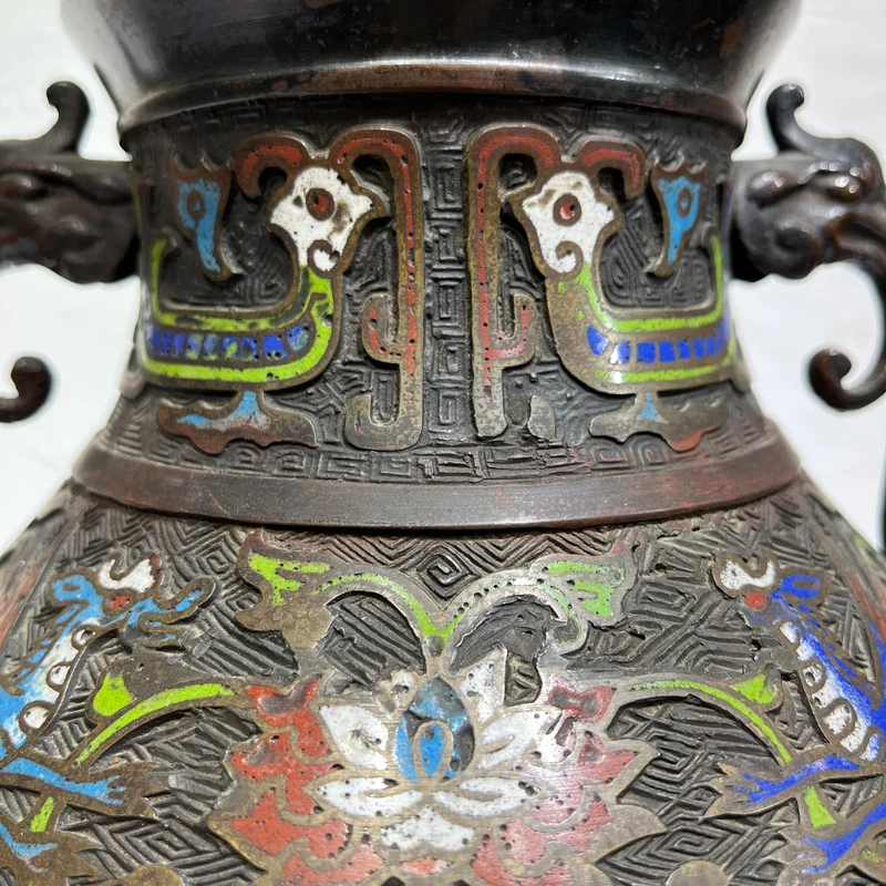 Japanese vase in bronze and floral cloisonné enamel