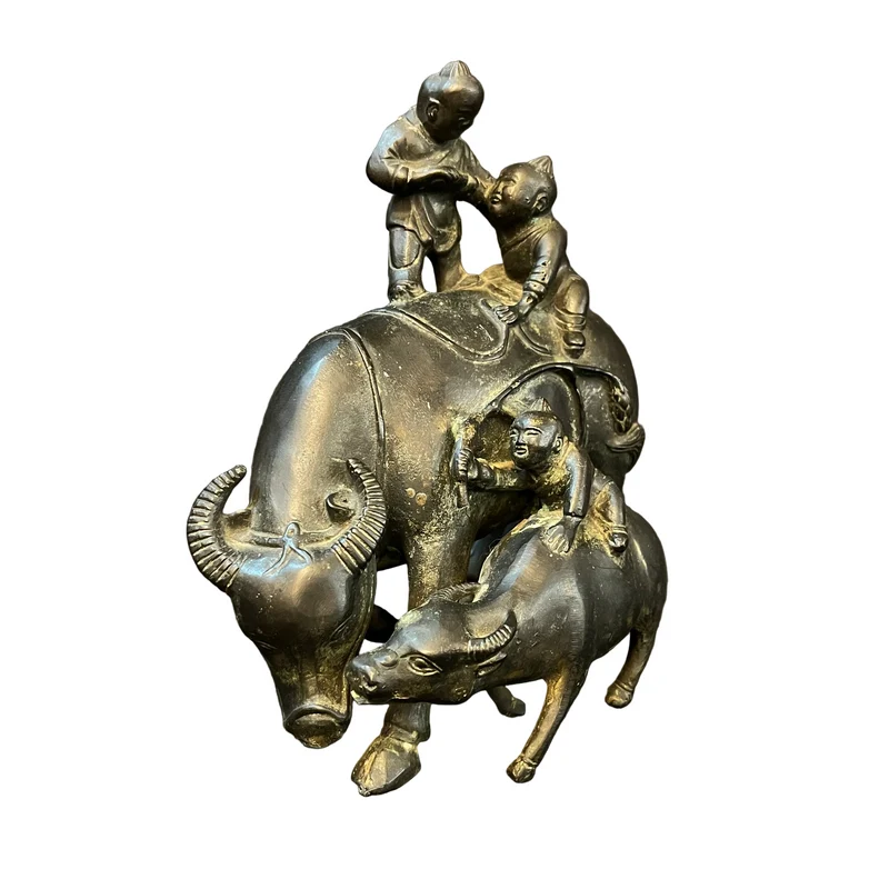 Figura china de metal niños con búfalo y ternero