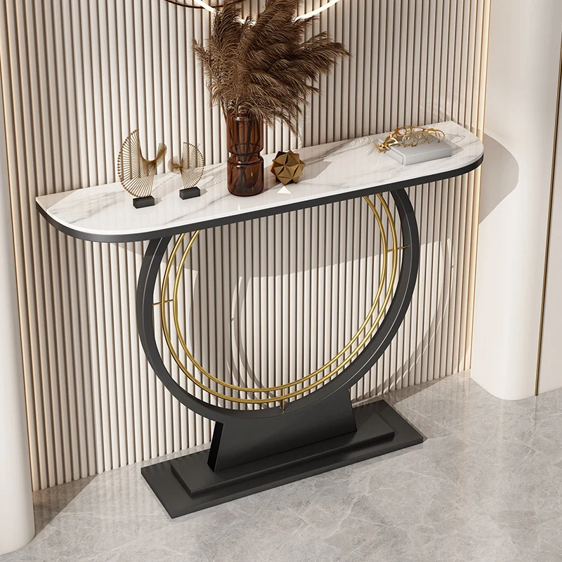 Modern Luxury Iron Stone Slab Curved Rectangular Console Table For Entryways
