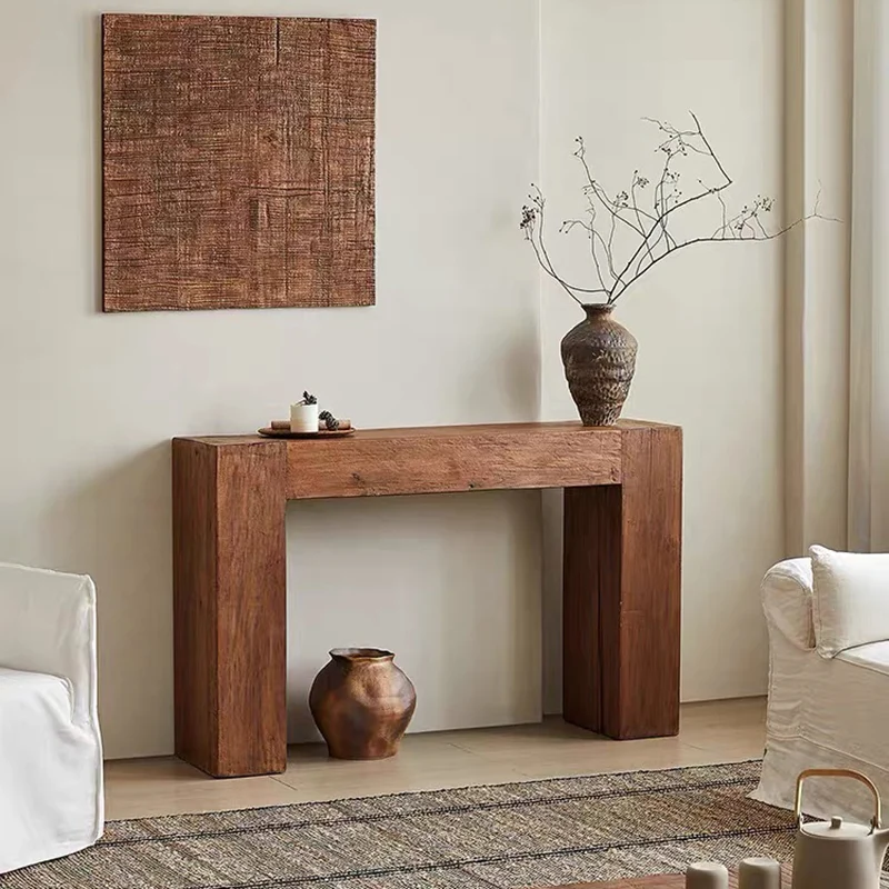 Contemporary Retro Pine Wood Rectangular Console Table For Living Room & Entryway
