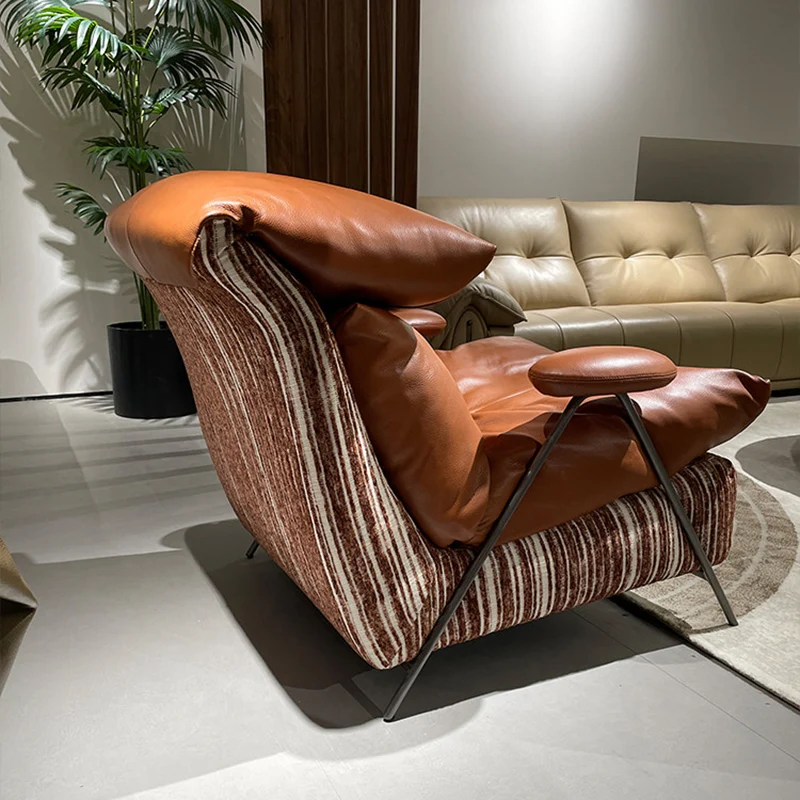 Modern Luxury Solid Wood Black Titanium Genuine Leather Fabric Soft Upholstered Accent Chair With Arms And Backrest For Living Room