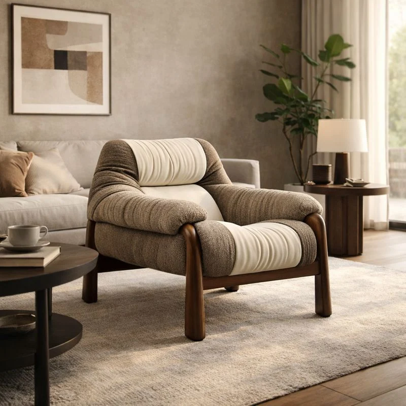 Contemporary Nordic Velvet & Faux Leather Soft Upholstered Accent Chair With Arms And Backrest For Living Room