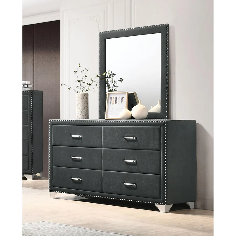 Coaster Furniture Melody 223383M 6-Drawer Upholstered Dresser with Mirror - Grey