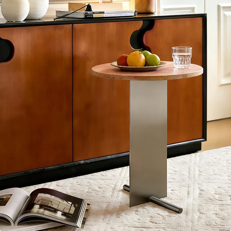 Contemporary Industrial Natural Travertine Stainless Steel Round Side Table 1-Tier For Living Room