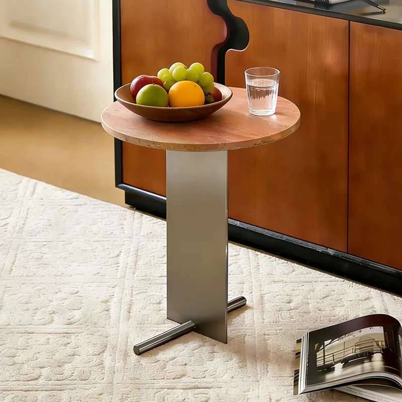 Contemporary Industrial Natural Travertine Stainless Steel Round Side Table 1-Tier For Living Room