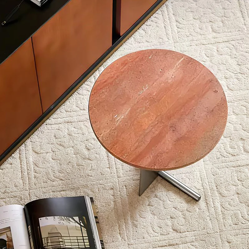 Contemporary Industrial Natural Travertine Stainless Steel Round Side Table 1-Tier For Living Room