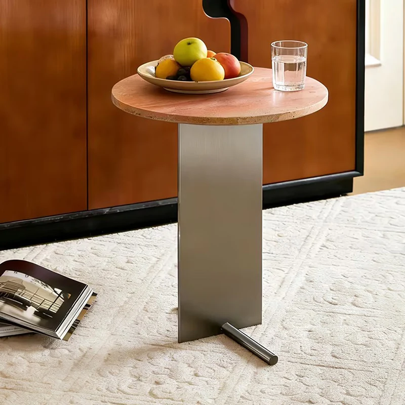 Contemporary Industrial Natural Travertine Stainless Steel Round Side Table 1-Tier For Living Room