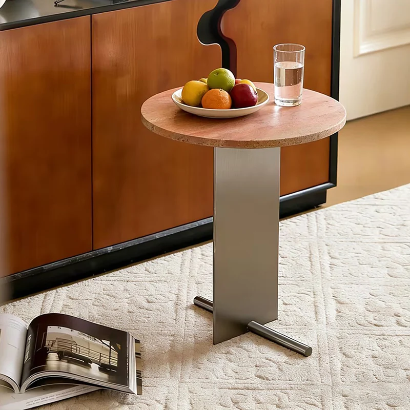 Contemporary Industrial Natural Travertine Stainless Steel Round Side Table 1-Tier For Living Room