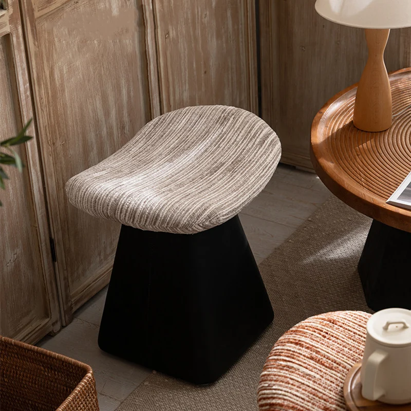 Contemporary Nordic Chenille Pine Wood Faux Leather Sponge Arc Conical Rotatable Vanity Stool Backless Armless For Bedroom