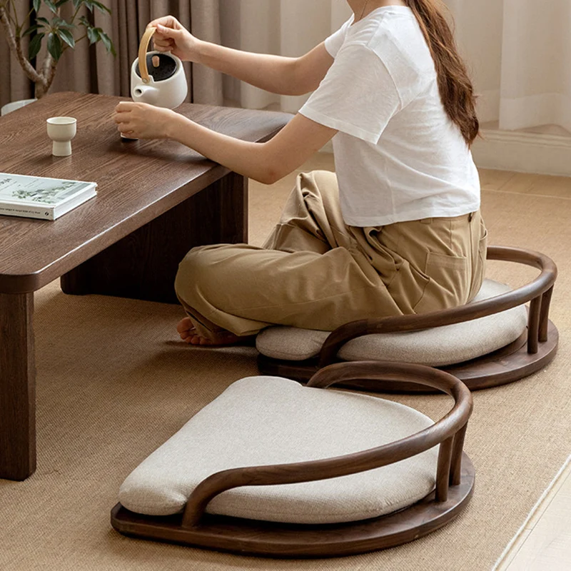 Traditional Chinese Solid Wood Rounded Low Accent Chair With Backrest & Cushioned Seat For Living Room & Bedroom