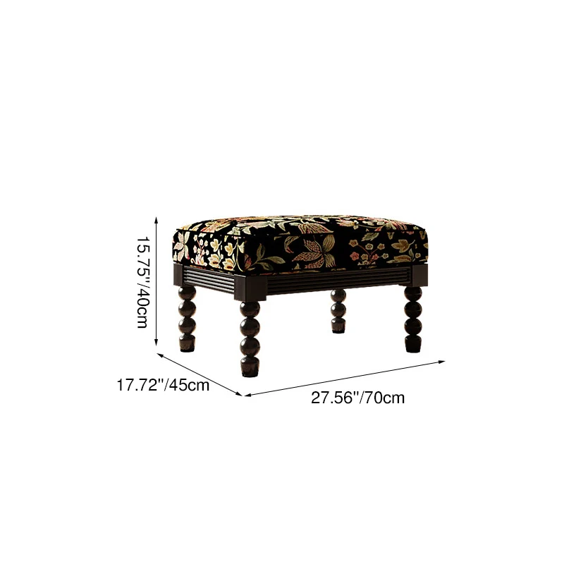 Traditional Vintage Linen Ash Wood Square Curved Low Stool For Living Room