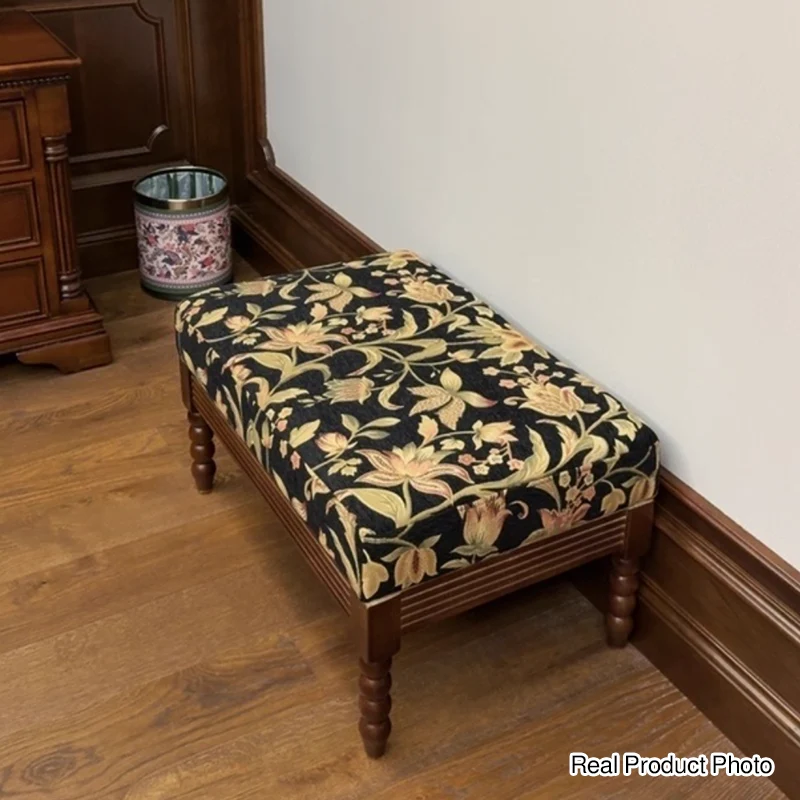 Traditional Vintage Linen Ash Wood Square Curved Low Stool For Living Room