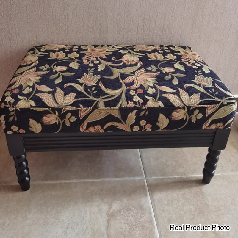 Traditional Vintage Linen Ash Wood Square Curved Low Stool For Living Room