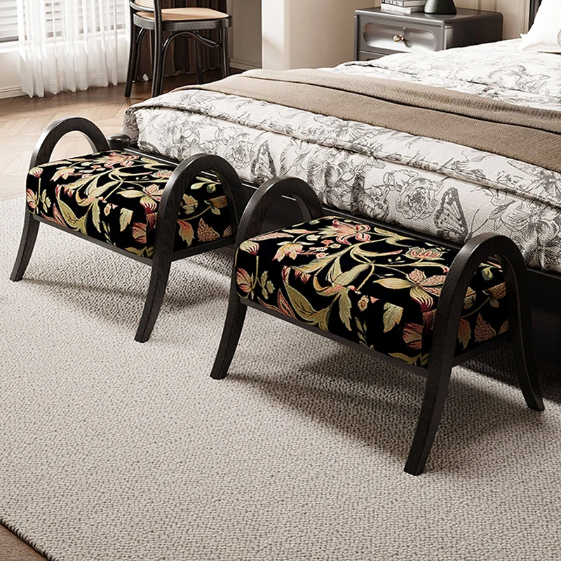 Traditional Vintage Linen Ash Wood Square Curved Low Stool For Living Room