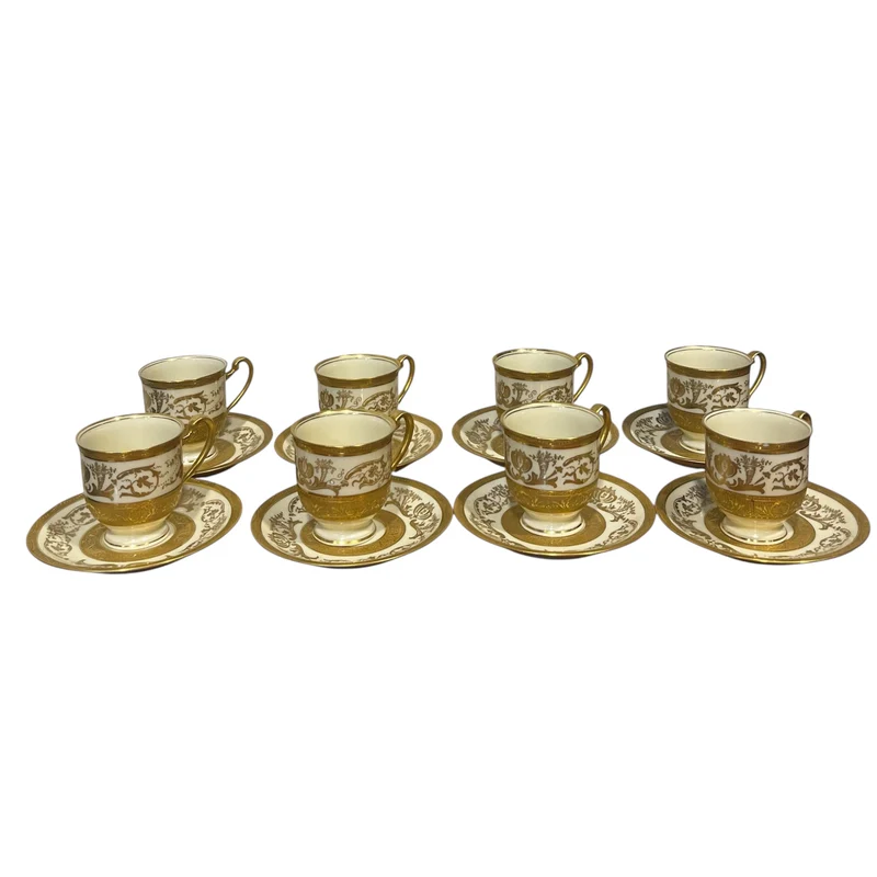 Juego de tazas de café porcelana para ocho Warrin Bavaria dorado con blanco