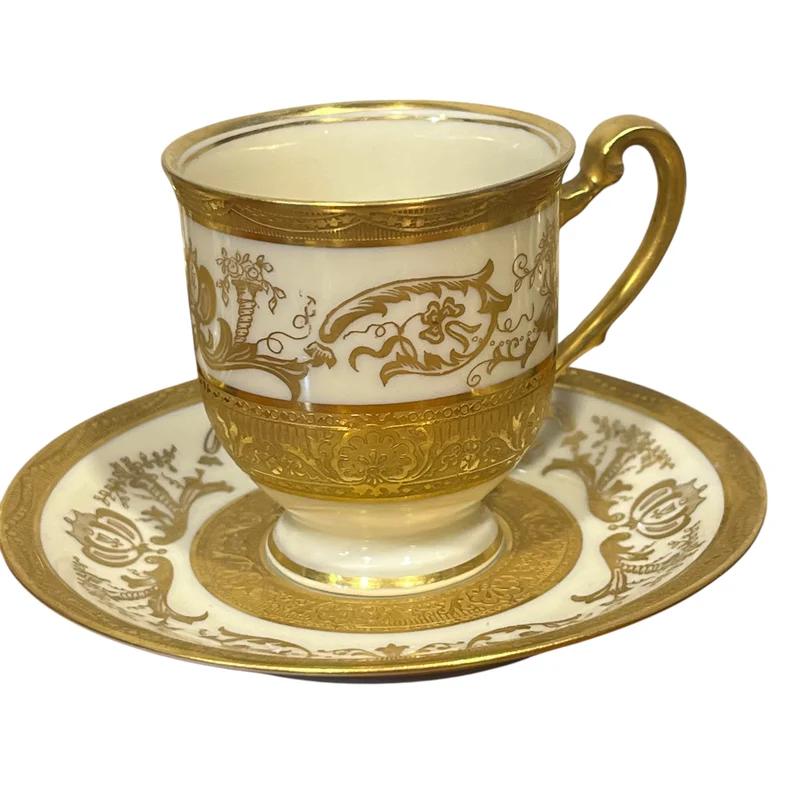 Juego de tazas de café porcelana para ocho Warrin Bavaria dorado con blanco