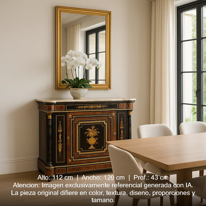 Boulle or Buffet d'entre-deux with marquetry and marble cover late 19th century