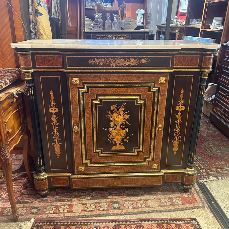 Boulle or Buffet d'entre-deux with marquetry and marble cover late 19th century
