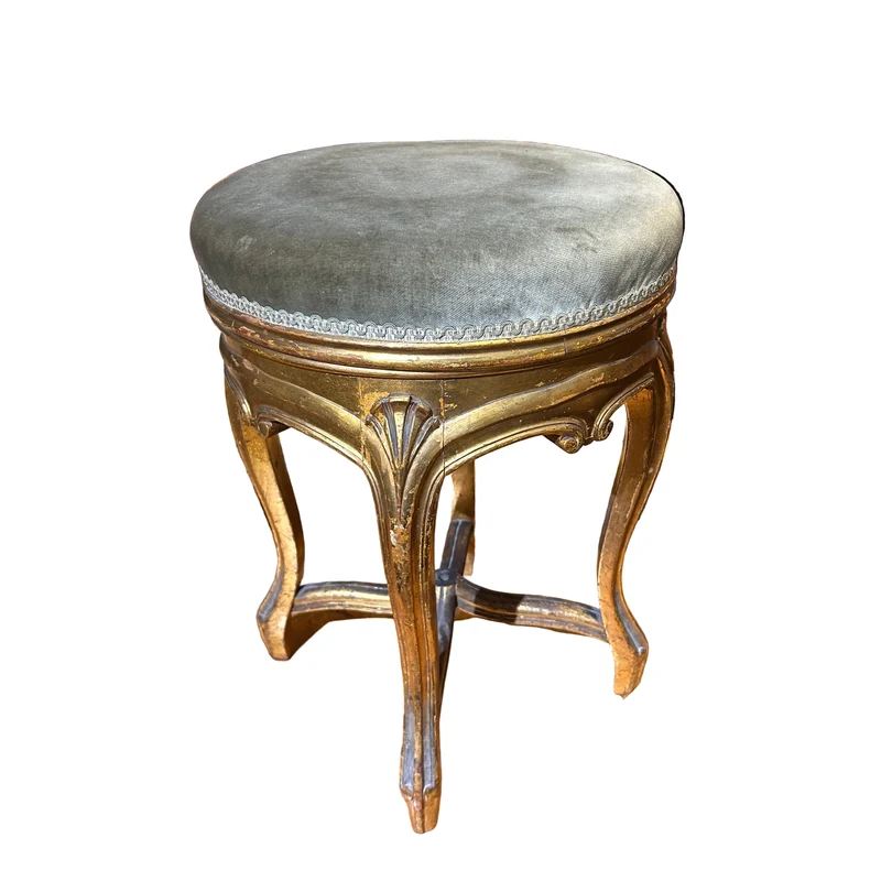 Taburete de madera dorada Luis XV y tapiz terciopelo verde circa 1900s.