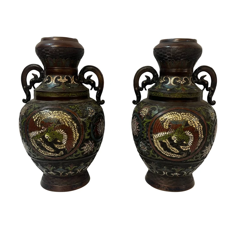 Pair of cloisonné vases with handles