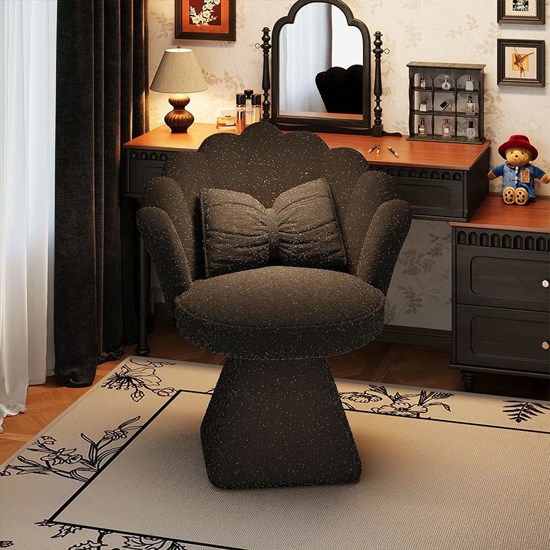 Traditional French Velvet Solid Wood Petal-Shaped Swivel Vanity Stool Backrest Armless For Bedroom