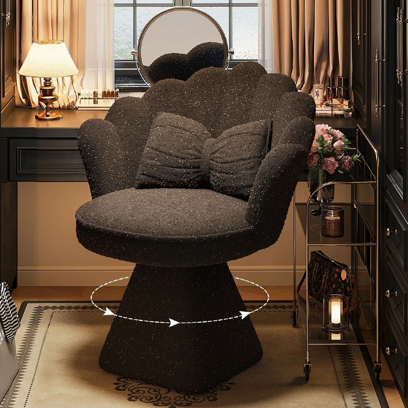 Traditional French Velvet Solid Wood Petal-Shaped Swivel Vanity Stool Backrest Armless For Bedroom