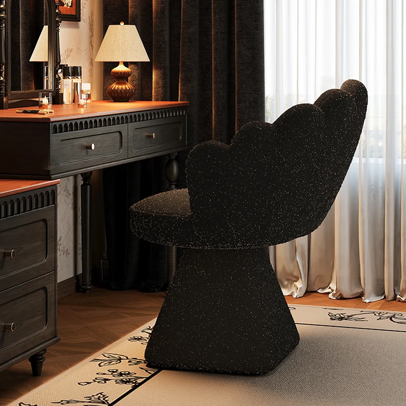 Traditional French Velvet Solid Wood Petal-Shaped Swivel Vanity Stool Backrest Armless For Bedroom
