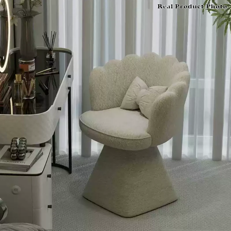 Traditional French Velvet Solid Wood Petal-Shaped Swivel Vanity Stool Backrest Armless For Bedroom