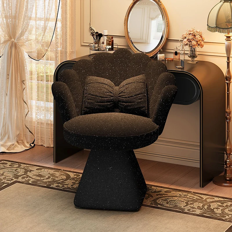 Traditional French Velvet Solid Wood Petal-Shaped Swivel Vanity Stool Backrest Armless For Bedroom