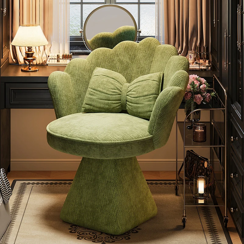 Traditional French Velvet Solid Wood Petal-Shaped Swivel Vanity Stool Backrest Armless For Bedroom