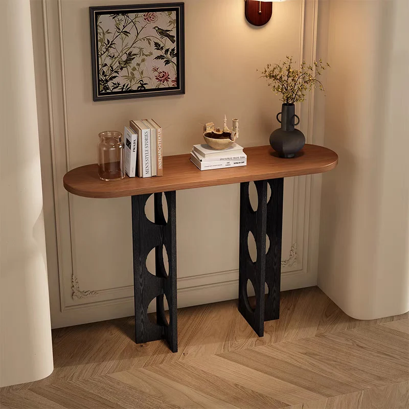 Traditional Vintage Pine Wood Oval Hollow-Out Console Table 1-Tier For Entryway & Hallway
