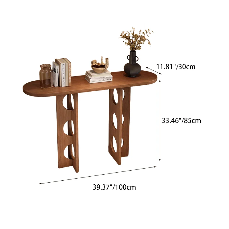 Traditional Vintage Pine Wood Oval Hollow-Out Console Table 1-Tier For Entryway & Hallway