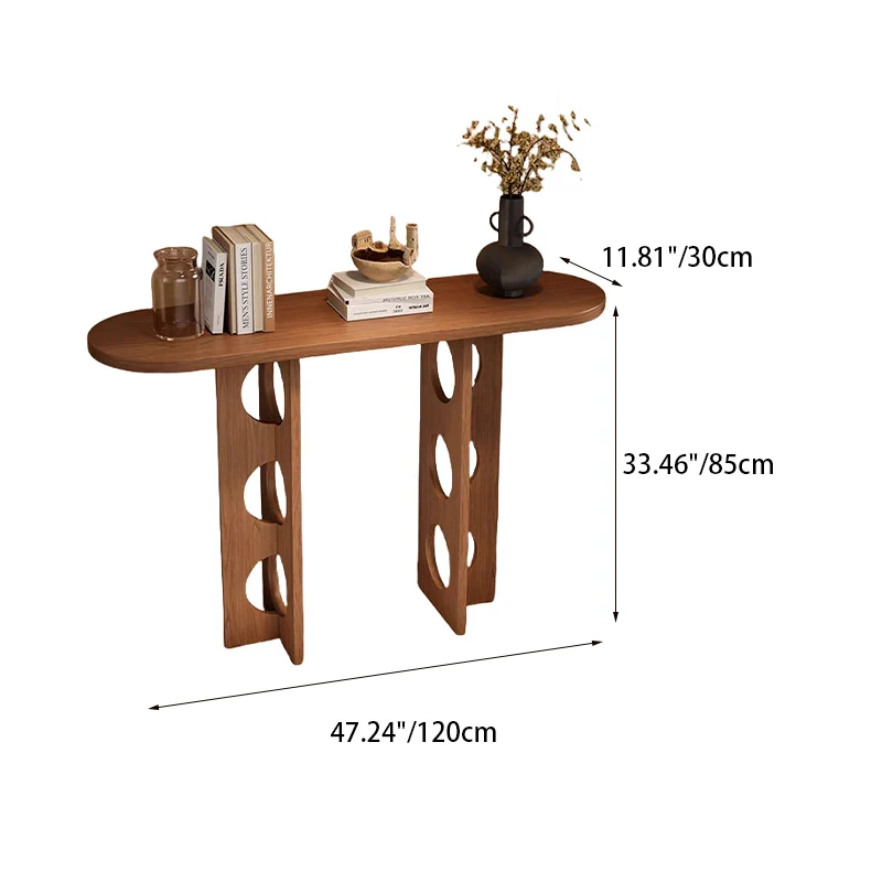 Traditional Vintage Pine Wood Oval Hollow-Out Console Table 1-Tier For Entryway & Hallway