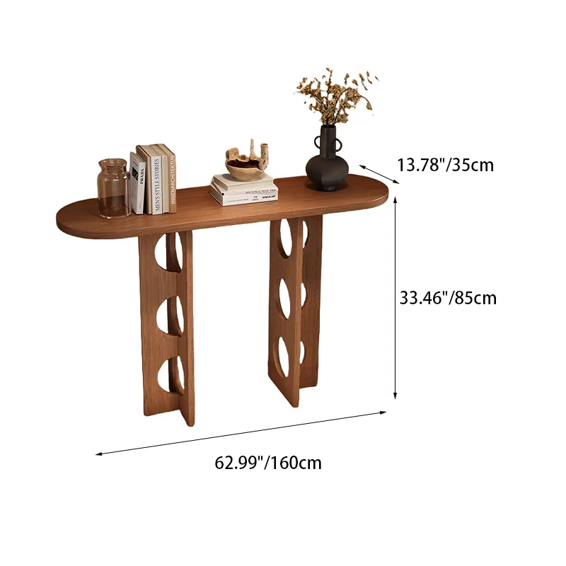 Traditional Vintage Pine Wood Oval Hollow-Out Console Table 1-Tier For Entryway & Hallway