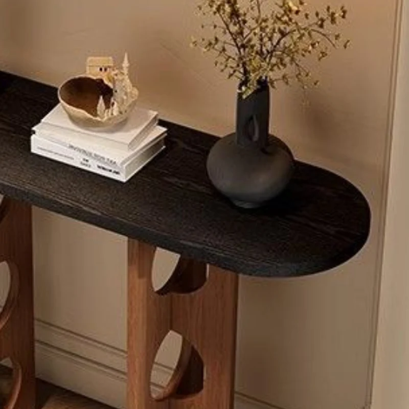 Traditional Vintage Pine Wood Oval Hollow-Out Console Table 1-Tier For Entryway & Hallway