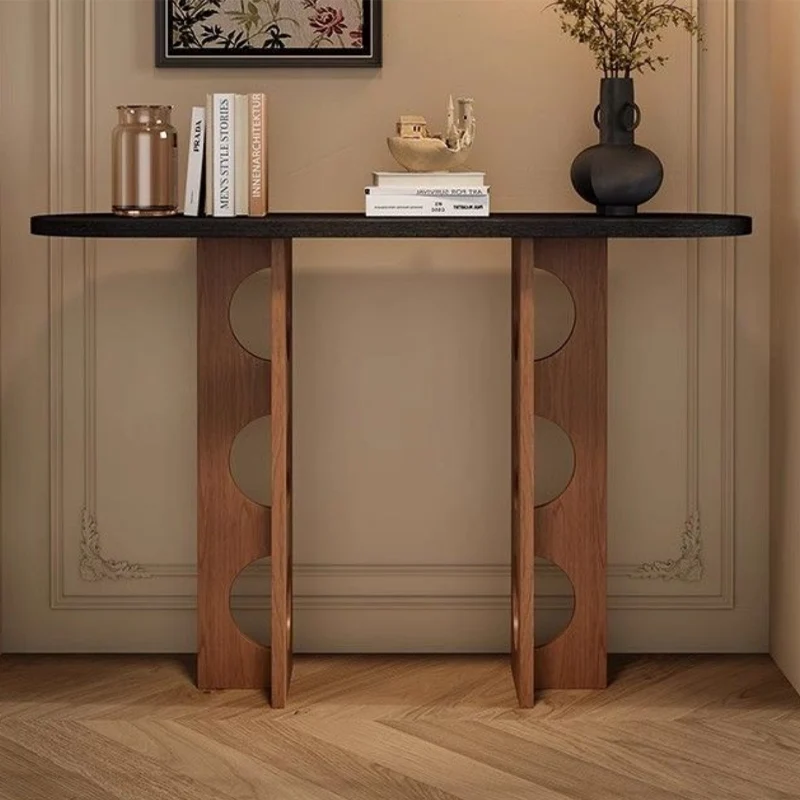 Traditional Vintage Pine Wood Oval Hollow-Out Console Table 1-Tier For Entryway & Hallway