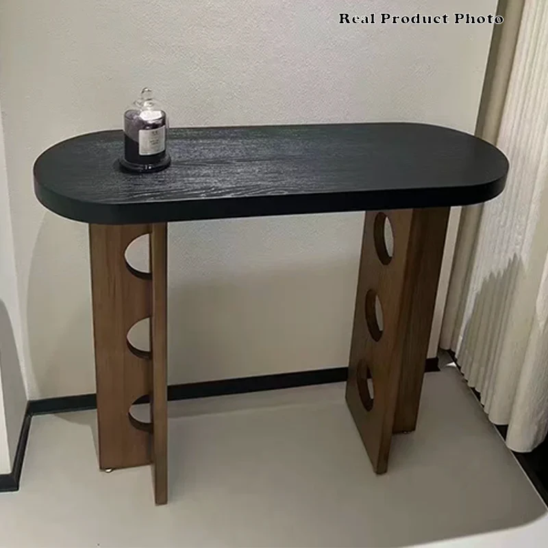 Traditional Vintage Pine Wood Oval Hollow-Out Console Table 1-Tier For Entryway & Hallway