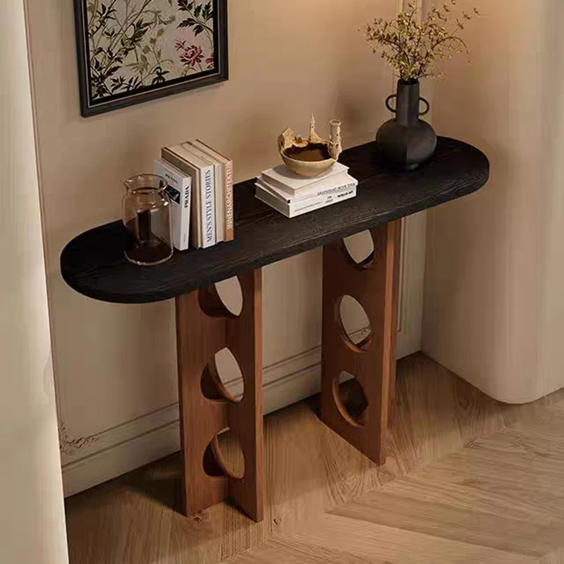Traditional Vintage Pine Wood Oval Hollow-Out Console Table 1-Tier For Entryway & Hallway