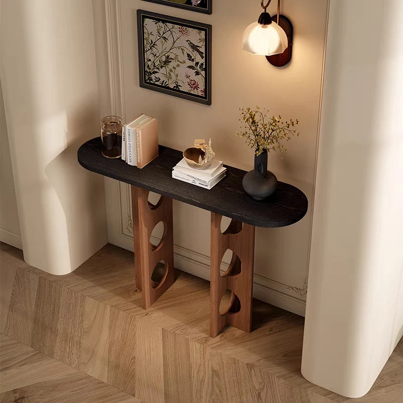 Traditional Vintage Pine Wood Oval Hollow-Out Console Table 1-Tier For Entryway & Hallway