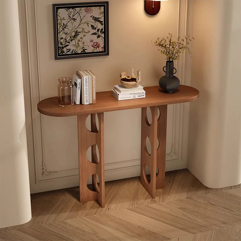 Traditional Vintage Pine Wood Oval Hollow-Out Console Table 1-Tier For Entryway & Hallway