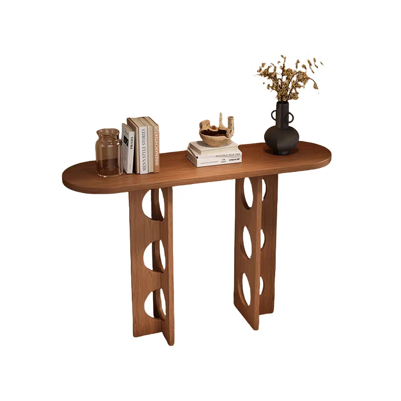 Traditional Vintage Pine Wood Oval Hollow-Out Console Table 1-Tier For Entryway & Hallway