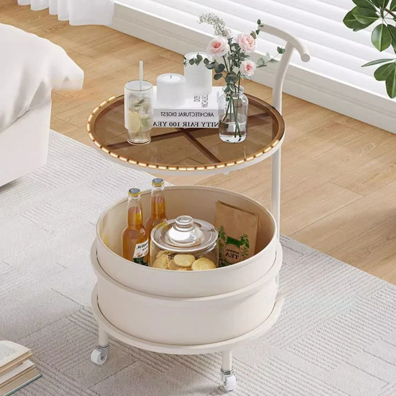 Modern Minimalist Cream Removable Round Glass Stainless Steel Iron End Table 2-Tier For Living Room