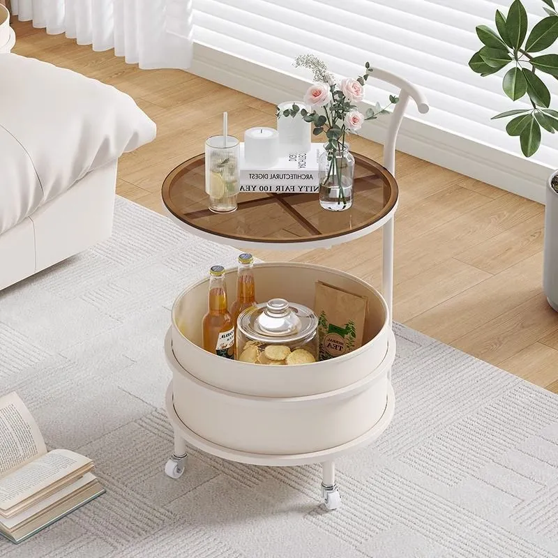 Modern Minimalist Cream Removable Round Glass Stainless Steel Iron End Table 2-Tier For Living Room