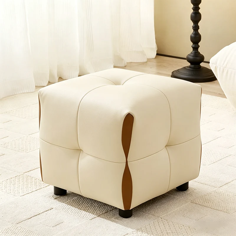 Contemporary Scandinavian Solid Wood Sponge Faux Leather Square Low Stool Backless Armless For Living Room & Entryway