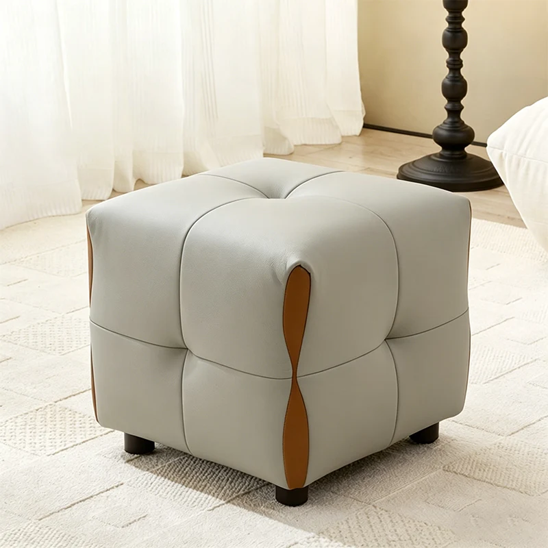 Contemporary Scandinavian Solid Wood Sponge Faux Leather Square Low Stool Backless Armless For Living Room & Entryway