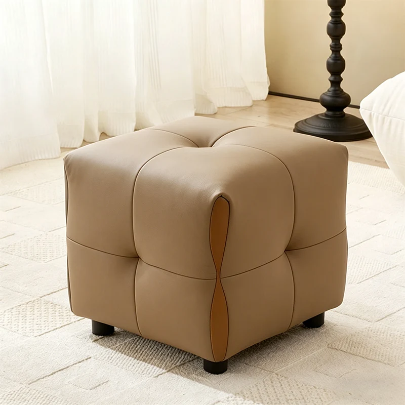 Contemporary Scandinavian Solid Wood Sponge Faux Leather Square Low Stool Backless Armless For Living Room & Entryway