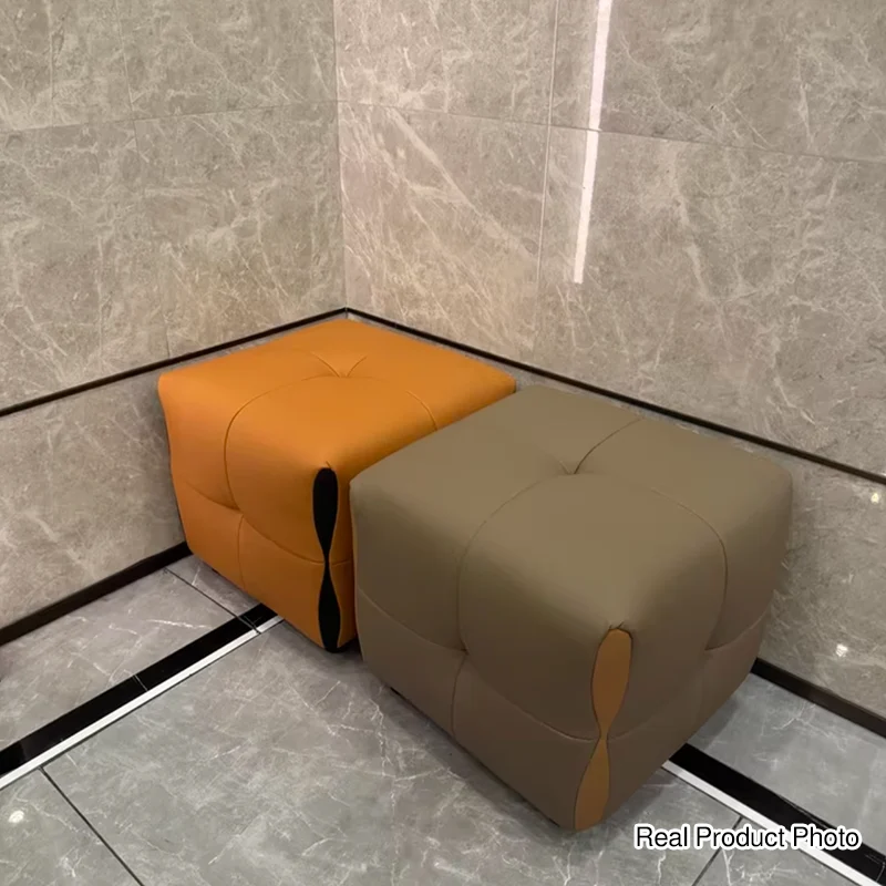 Contemporary Scandinavian Solid Wood Sponge Faux Leather Square Low Stool Backless Armless For Living Room & Entryway